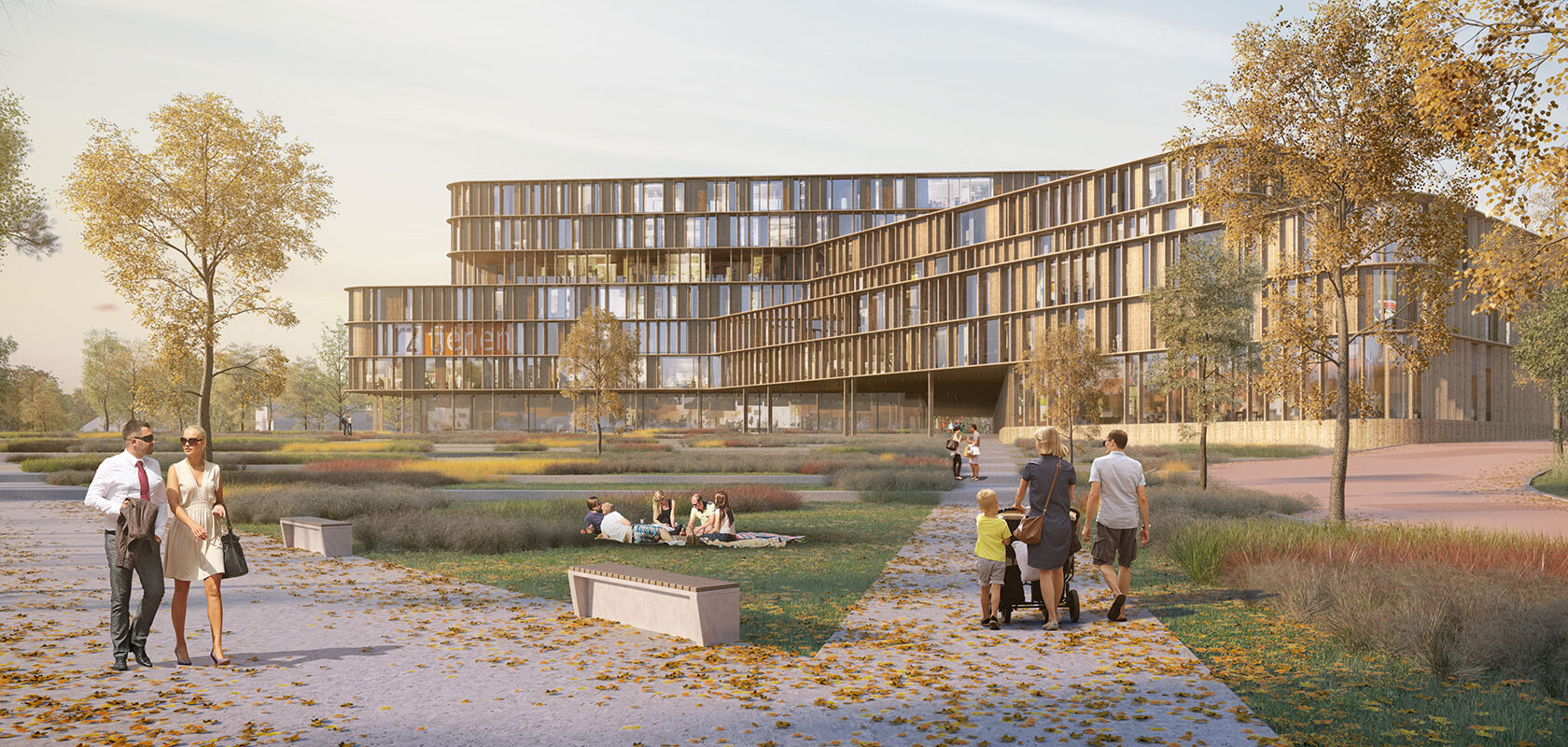 Visualization of a large hospital building in the background with grass areas, walkways, and some trees in the foreground.
