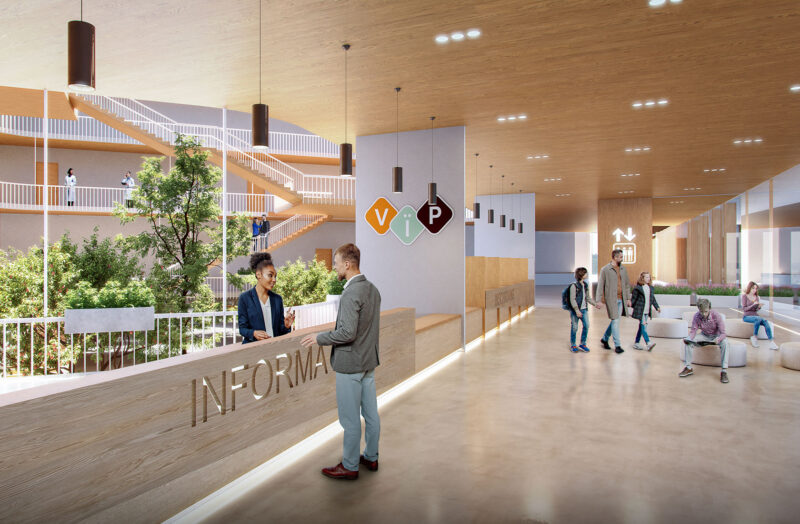 Visualization of an information desk in a hospital building with high ceilings, light colors, and many details in light wood.