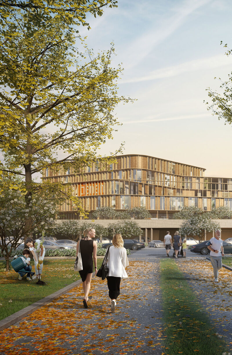 Visualization of people moving on a walkway with grass areas and trees in front of a hospital building with five floors.