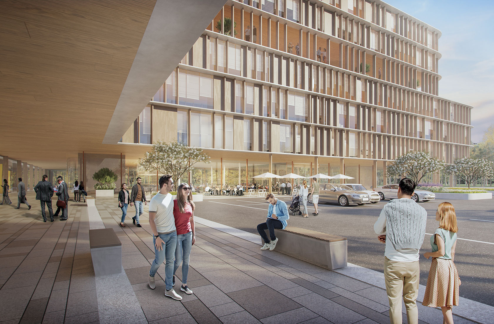 Visualization showing the outside of a new hospital building with a façade consisting of many window surfaces and details in light wood.