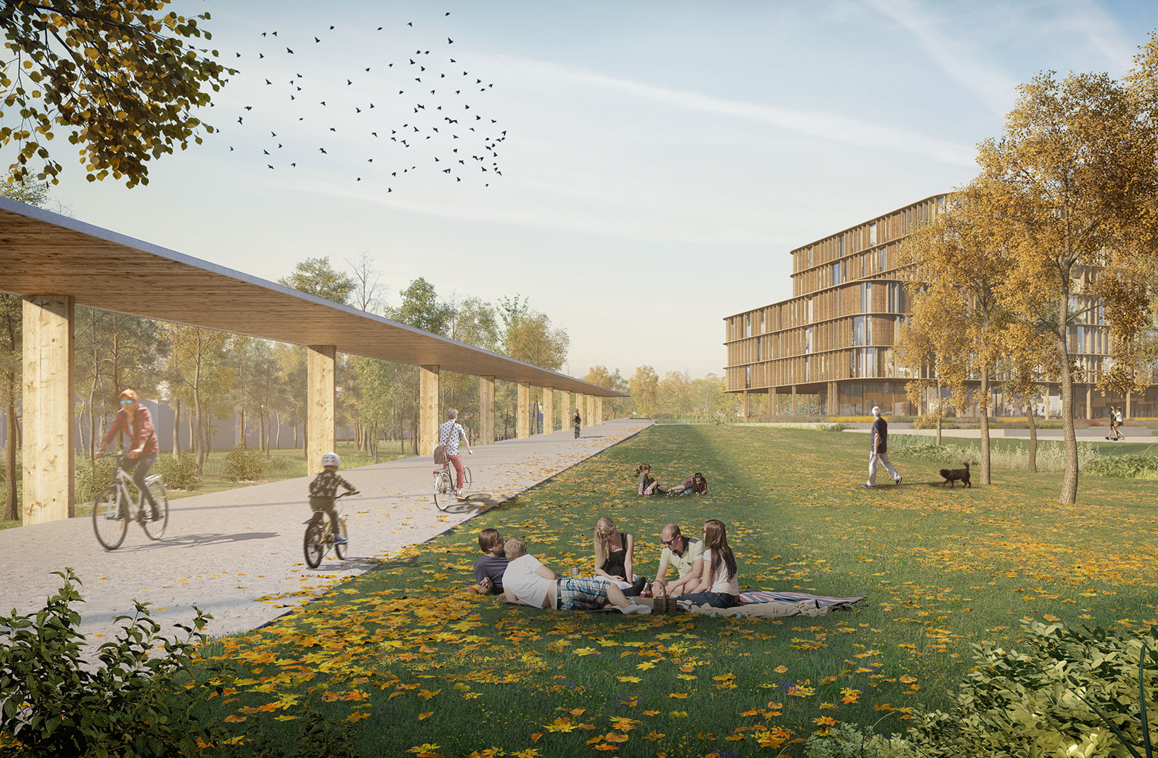Visualization of a large hospital building in the background with grass areas, walkways, and some trees in the foreground.