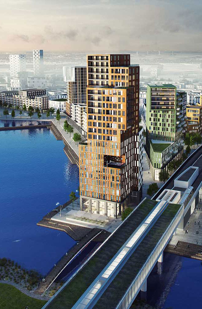 Visualization of tall modern buildings by a lake in a new district.