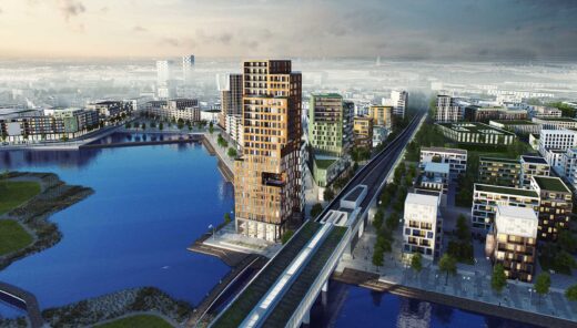 Visualization of tall modern buildings by a lake in a new district.