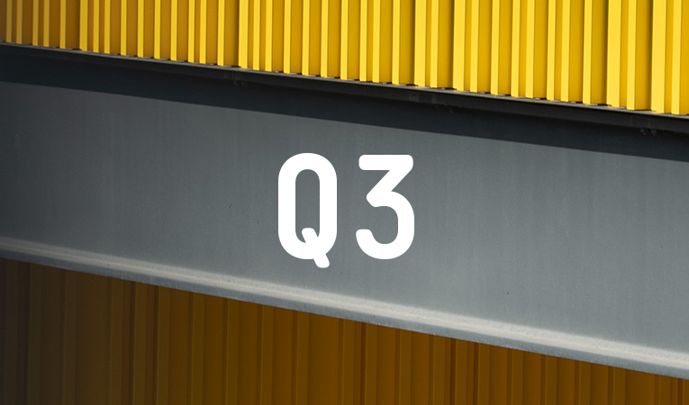 "Q3" white text on grey and yellow industrial background