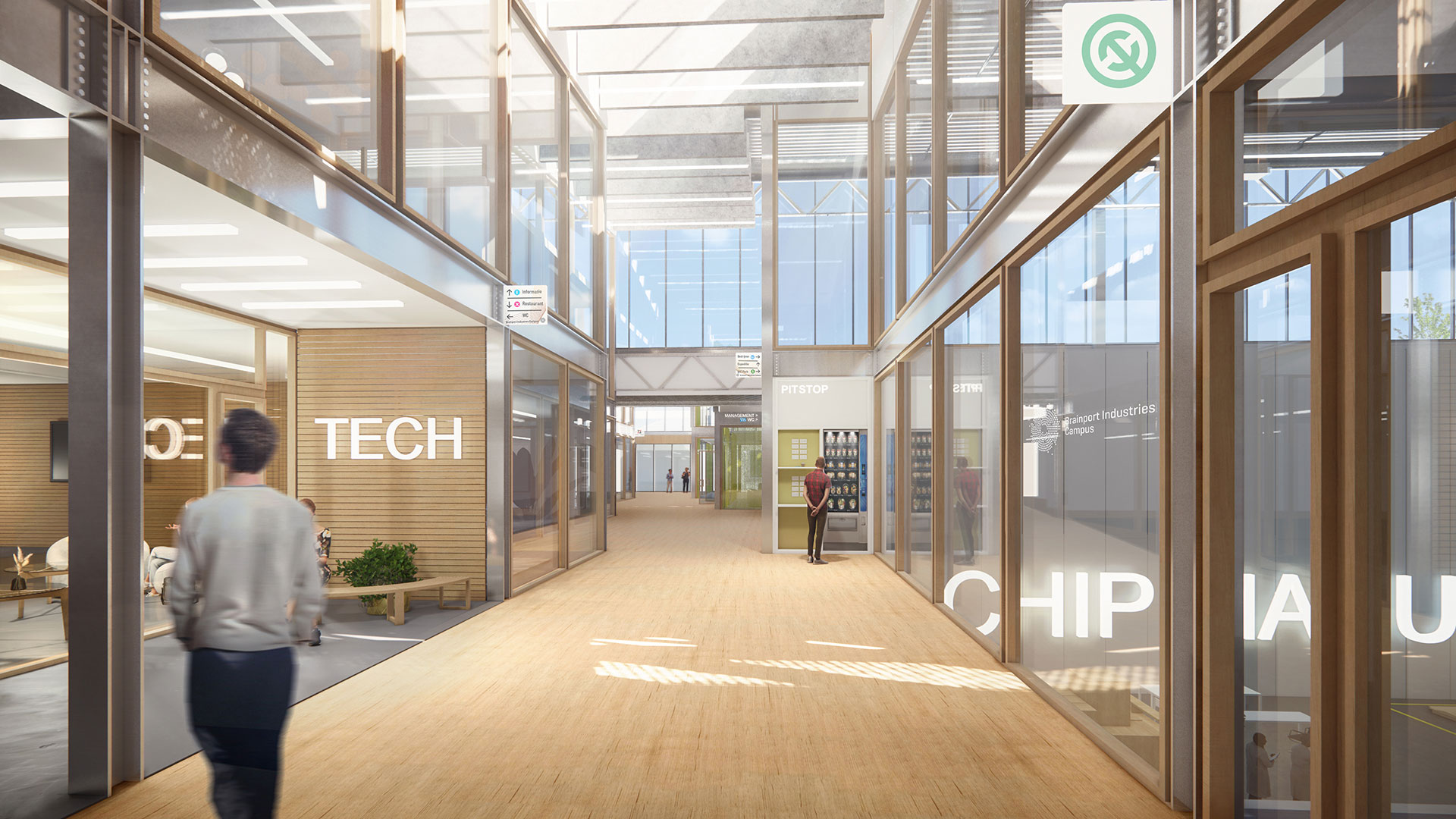 Modern tech office corridor with glass walls, people walking and vending machine in Brainport Industries Campus.