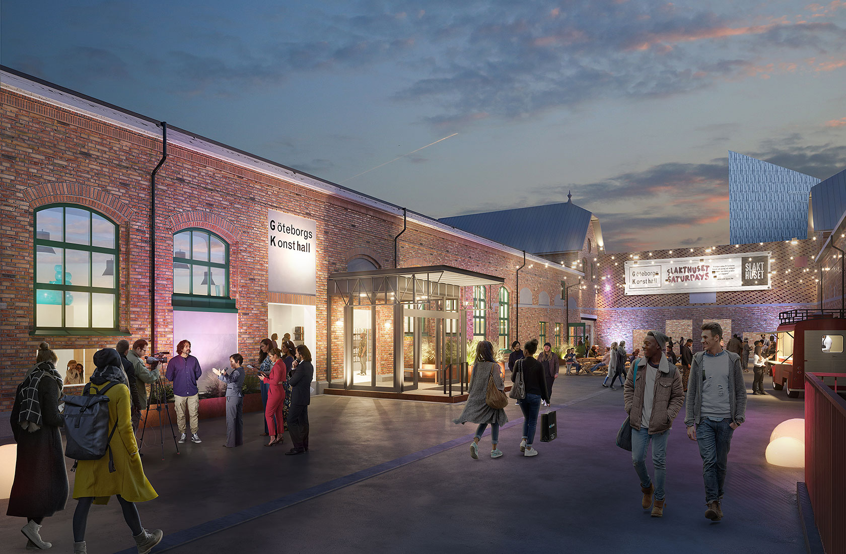 Evening scene at Göteborgs Konsthall, people are walking and gathering outside the brick exhibition hall.