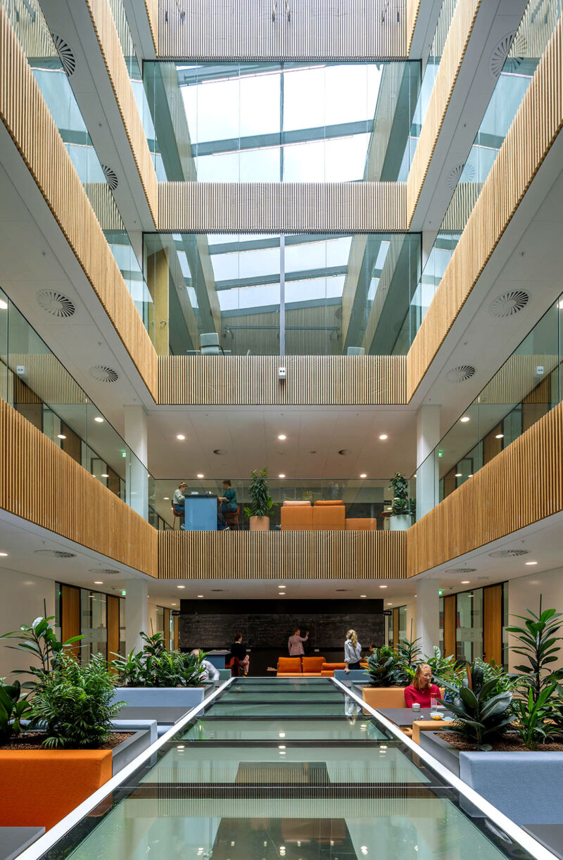 Modern multi-level office interior with glass ceilings, wooden paneling, plants, and seating areas.