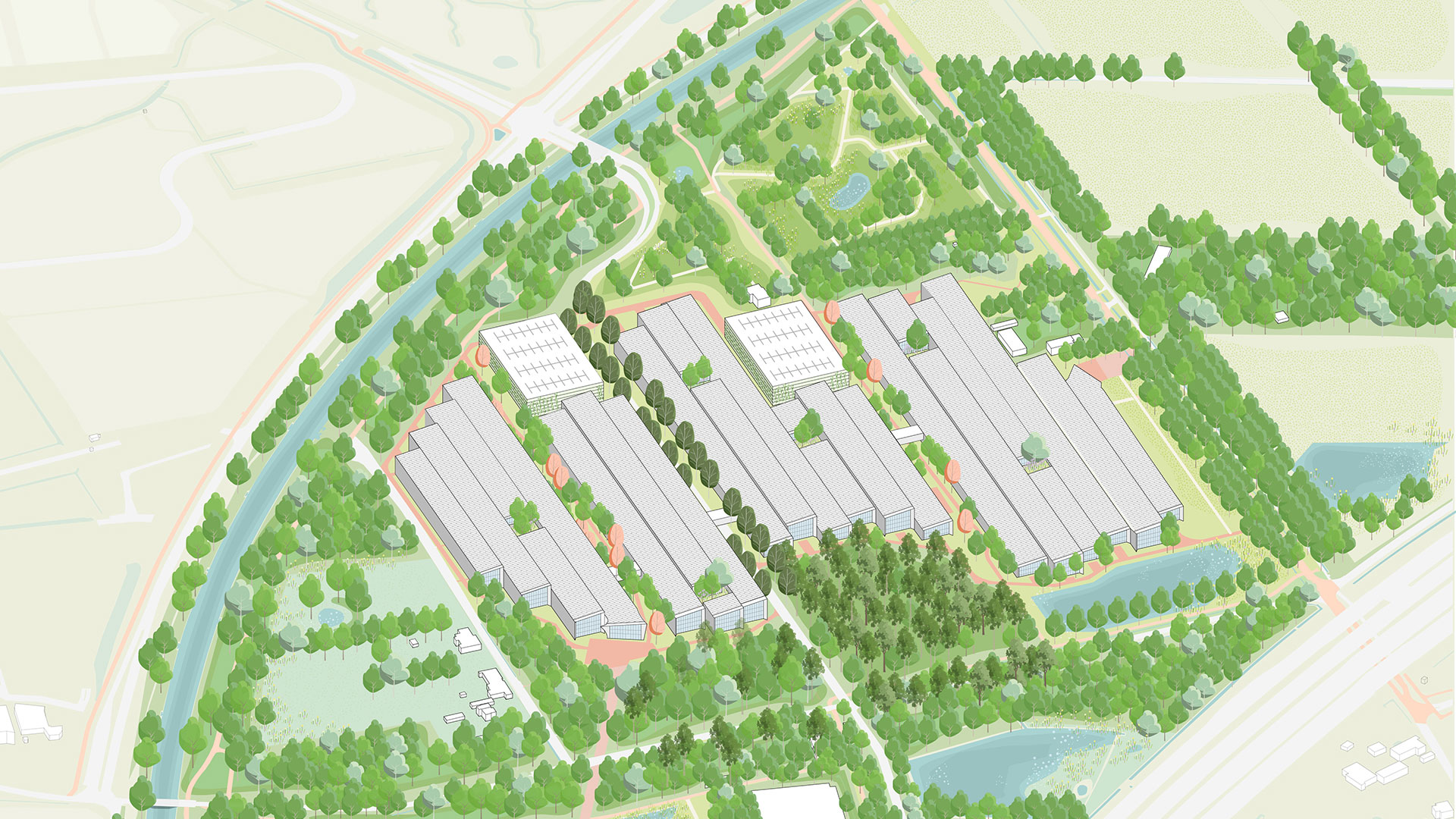 Bird's-eye view of industrial complex surrounded by lush greenery and water bodies.