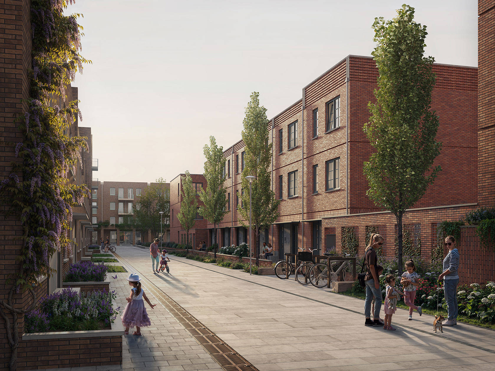 Modern urban neighborhood with brick townhouses, people walking, cycling, and children playing.