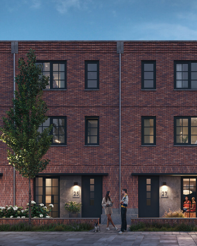 Modern brick apartment exterior with people chatting outside, dog nearby, evening setting.