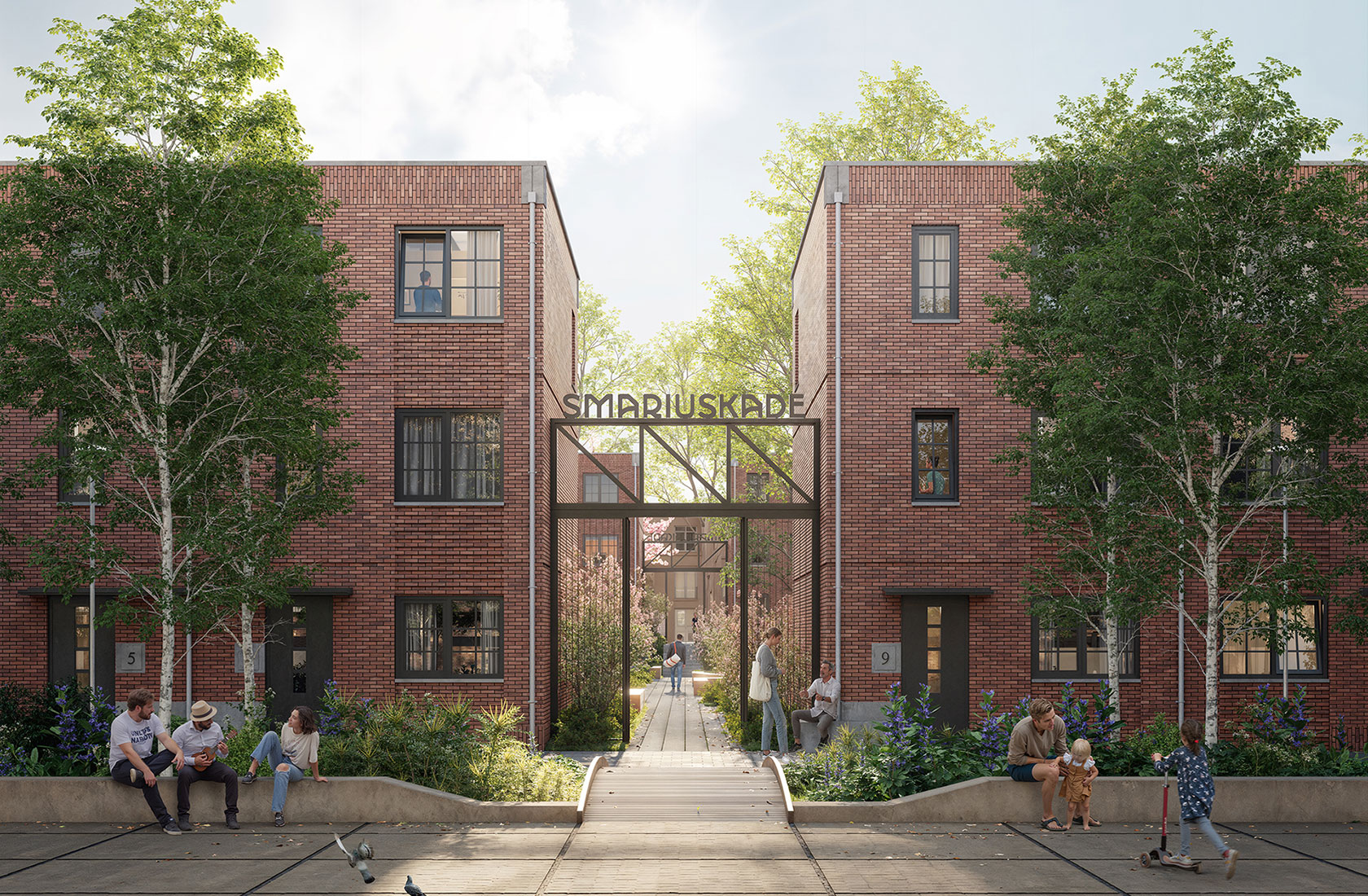Brick residential buildings with people sitting outside near greenery and a sign reading "SMARIUSKADE".