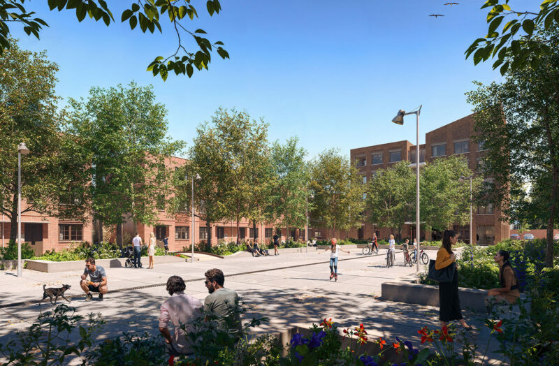 Summer day in urban park with people walking, sitting, biking among trees and brick buildings.