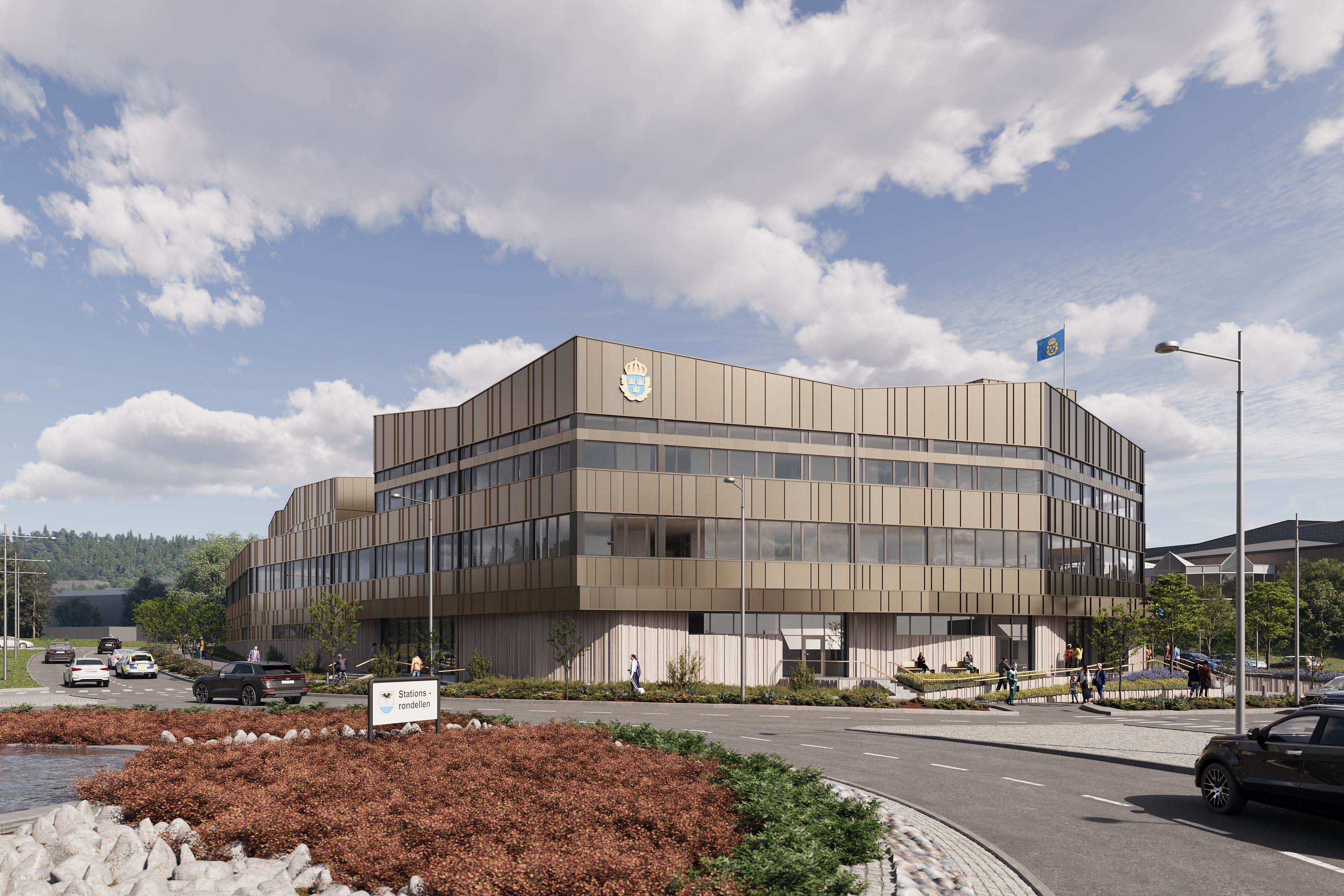 Modern police office building with beige panels, surrounded by cars and pedestrians, under a blue cloudy sky.