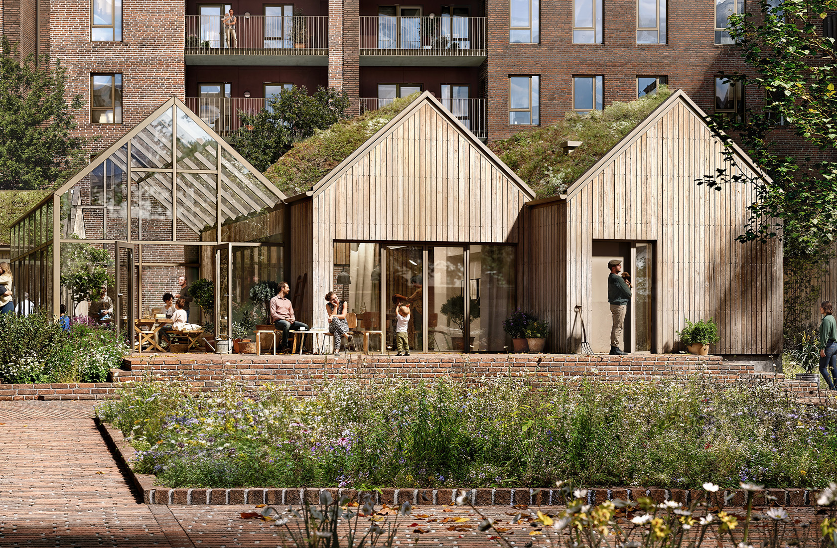 Modern community garden with people relaxing outside wooden houses and greenhouses.