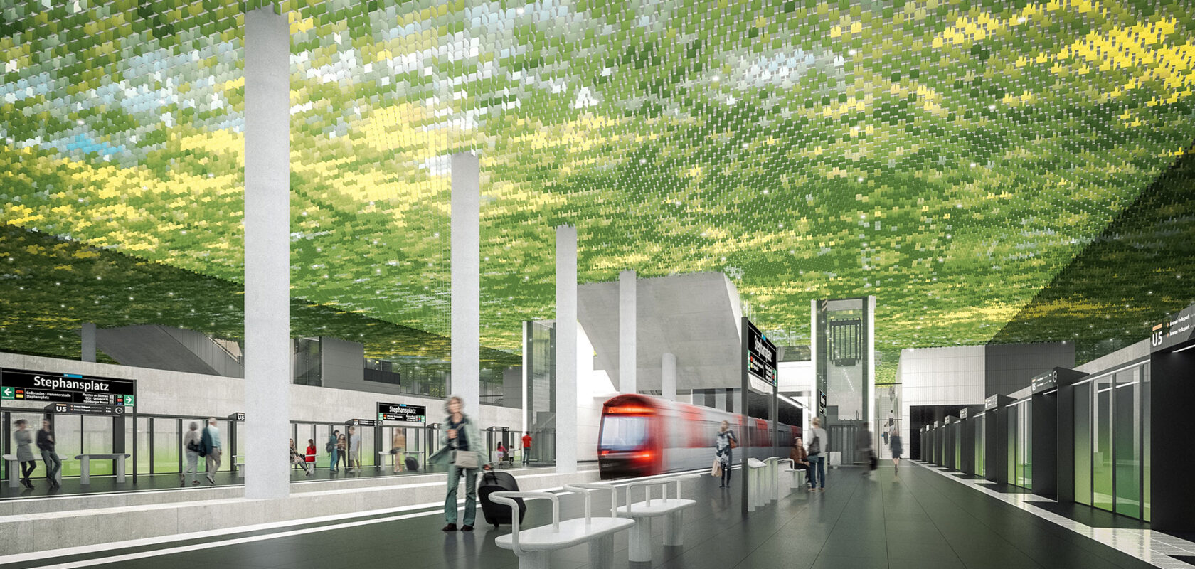Modern train station with green tiled ceiling, passengers boarding train, signs for Stephansplatz U5.