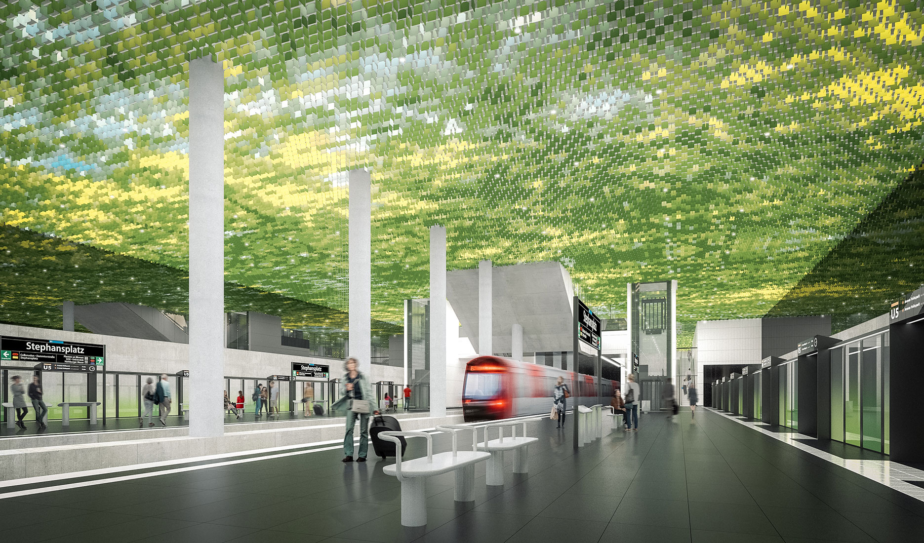 Modern train station with green tiled ceiling, passengers boarding train, signs for Stephansplatz U5.