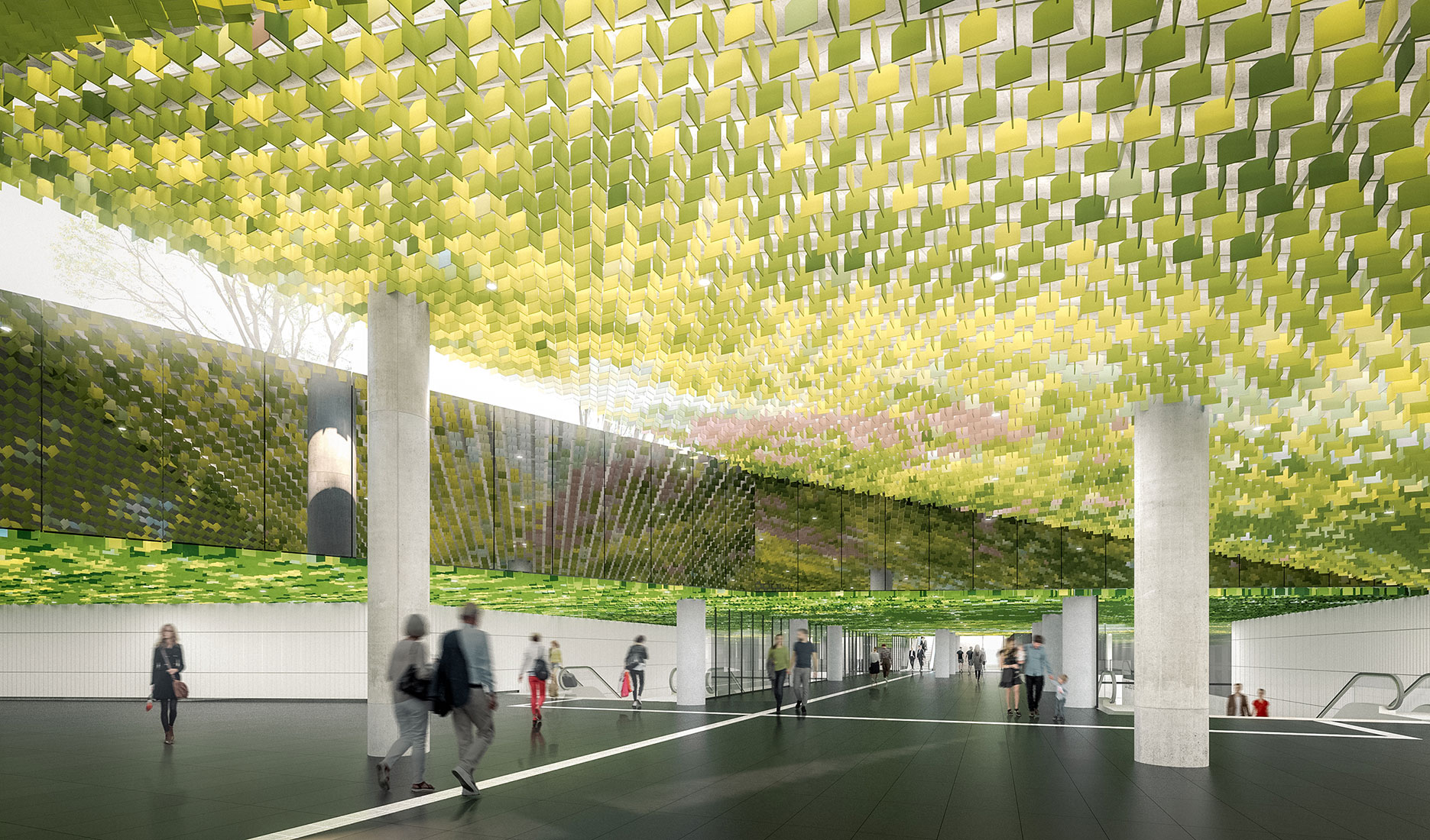 Modern interior subway station with hanging yellow and green tiles, people walking, columns and escalators.
