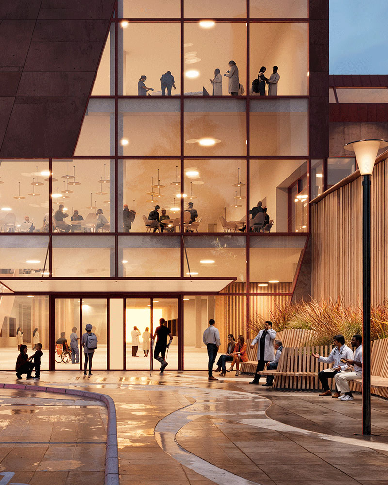 Modern hospital exterior with doctors, patients, and visitors outside glass entrance