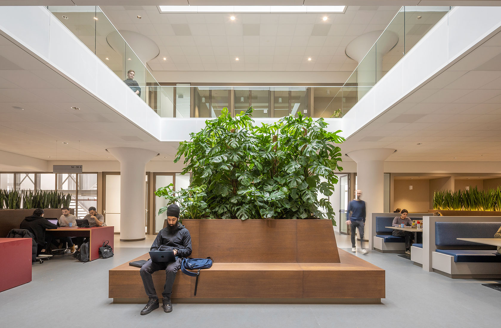 Modern university atrium with indoor plants, seating booths, and people working on laptops