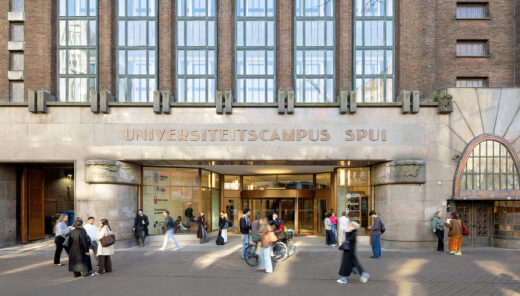 University campus Spui building entrance with students and bicycles