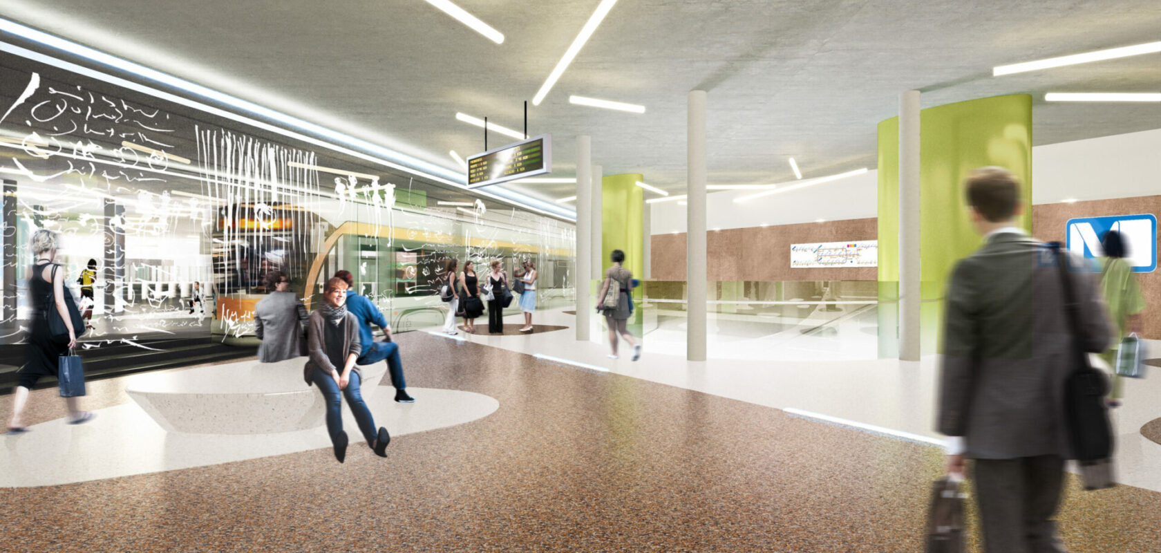Modern metro station concourse with passengers, digital signboards, and green columns