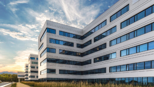 Modern hospital building exterior with glass windows at sunset sky