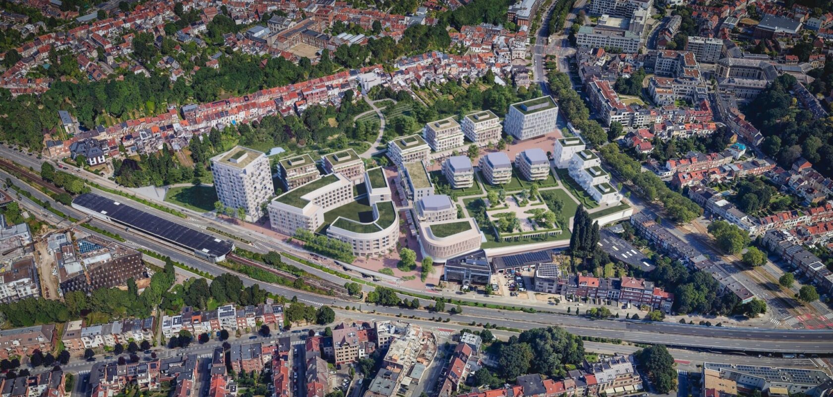 Aerial view of new modern city district with green roofs in a European city neighborhood