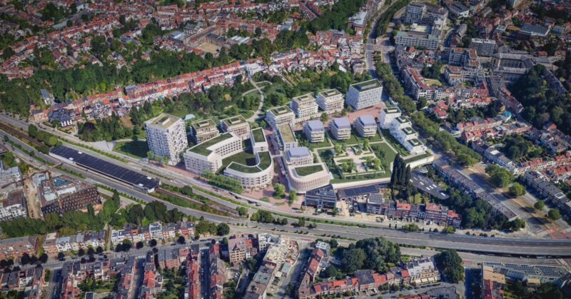 Aerial view of new modern city district with green roofs in a European city neighborhood