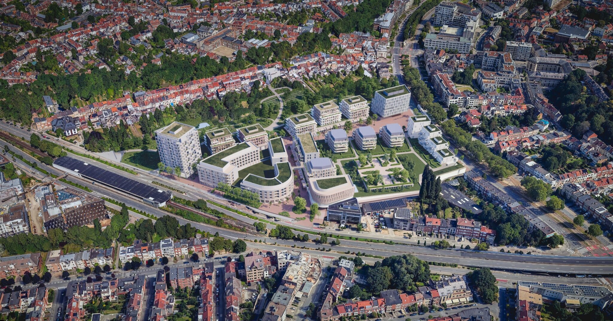 Aerial view of new modern city district with green roofs in a European city neighborhood