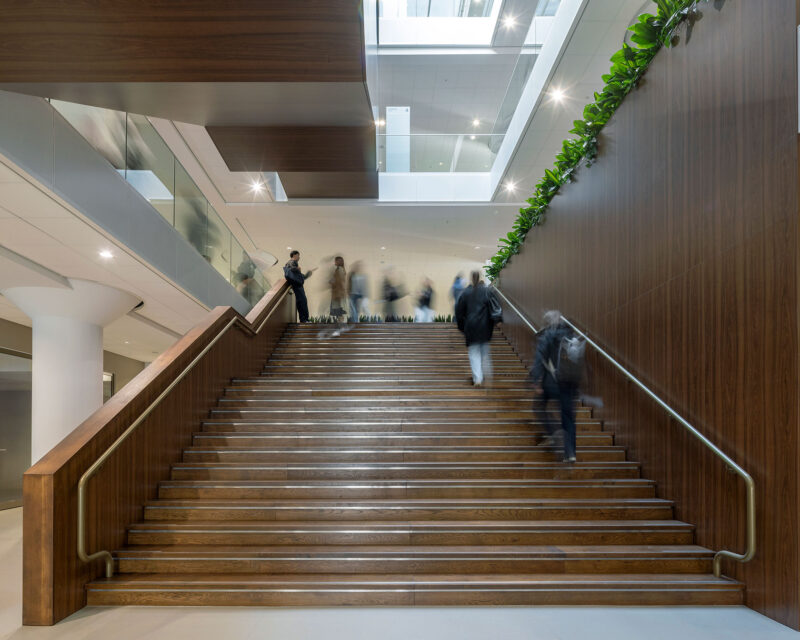 Modern staircase in University Campus Spui with people walking, wood walls and indoor plants under skylight