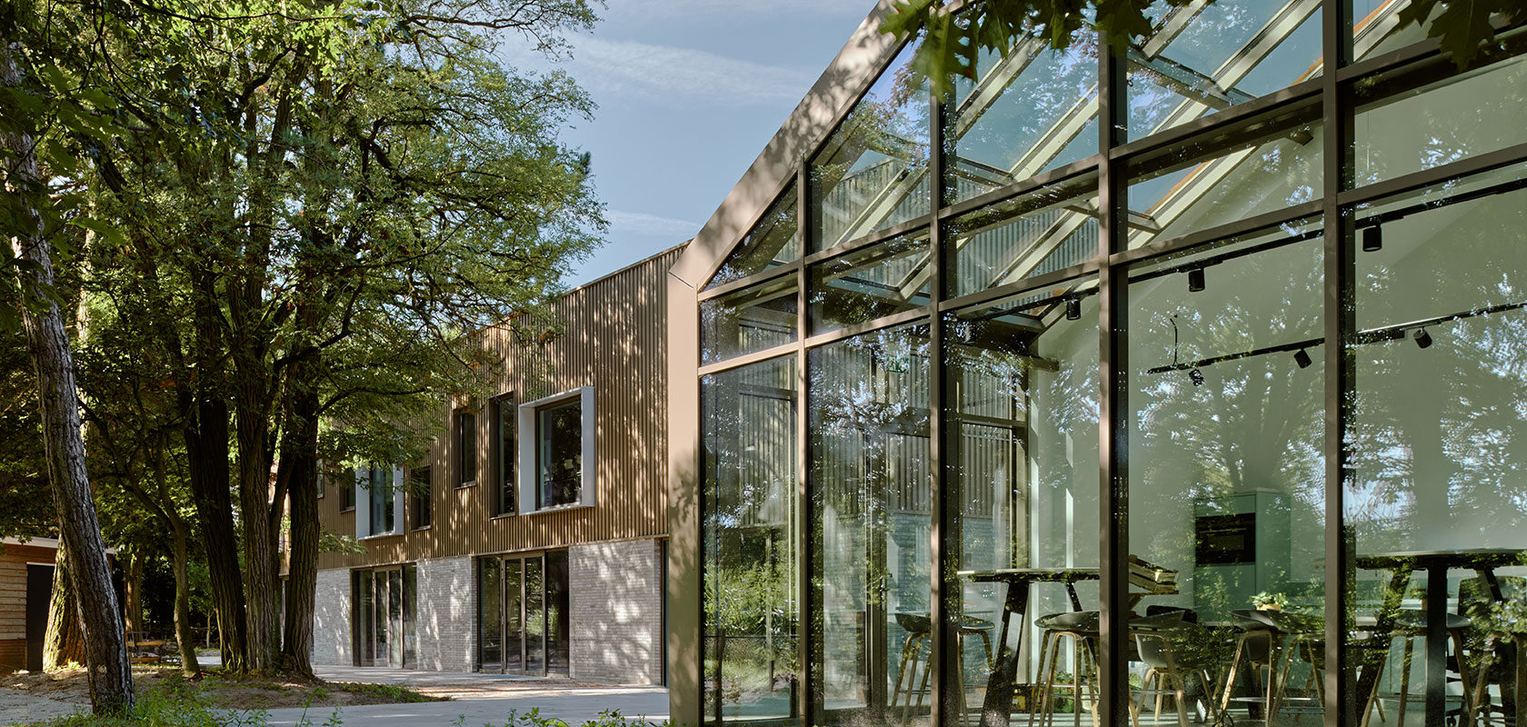 Modern glass pavilion and wood building in forest, contemporary architecture exterior