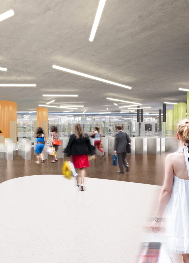 Modern metro station concourse with commuters walking under ceiling strip lights
