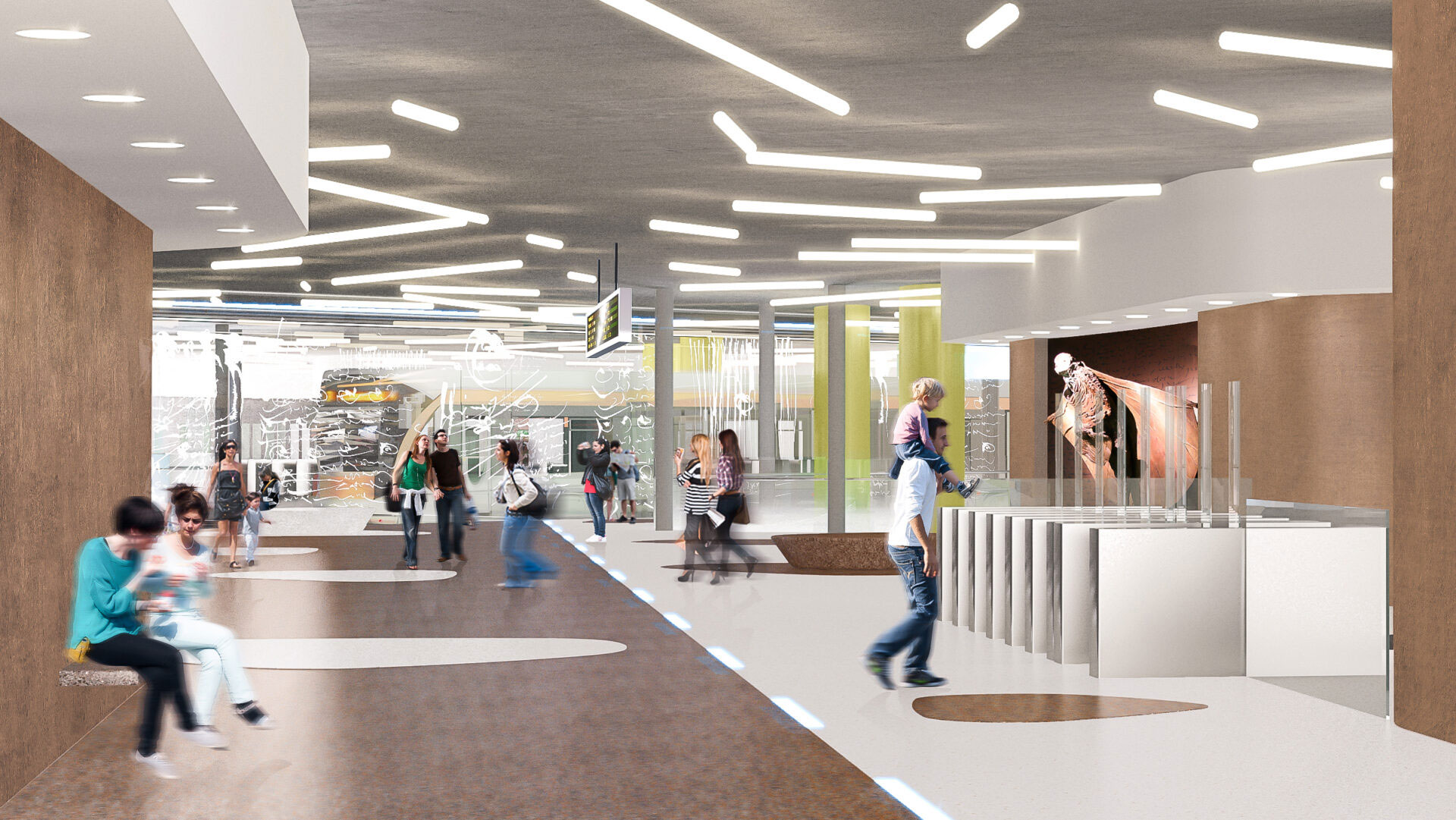 Modern metro station with commuters walking