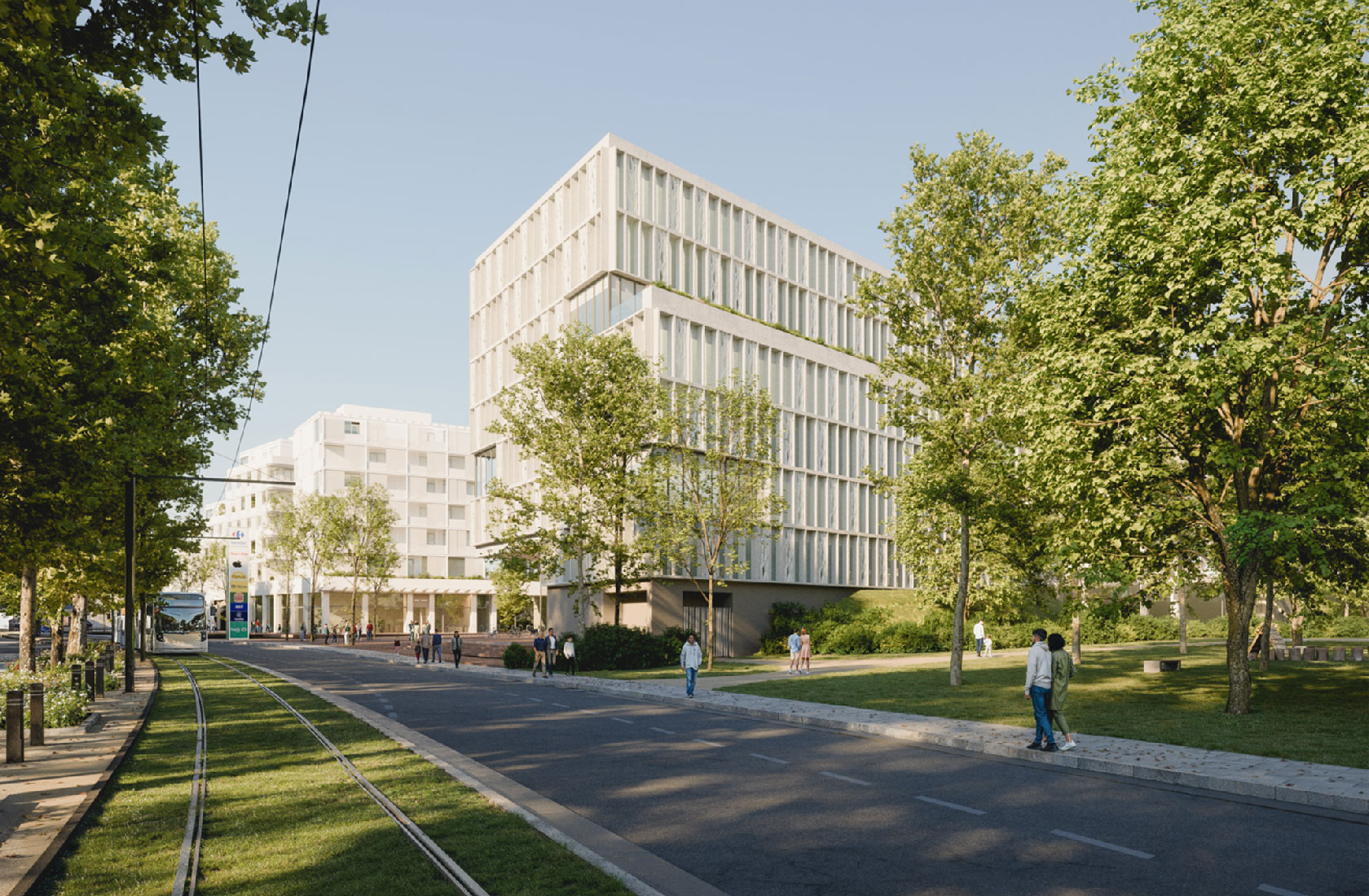 Modern office building beside tram tracks and tree-lined boulevard with pedestrians