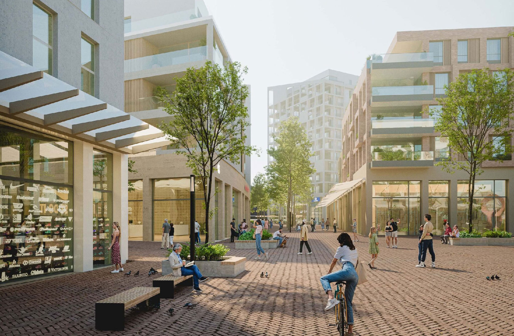 Modern pedestrian plaza with people, trees, and apartment buildings on a sunny day