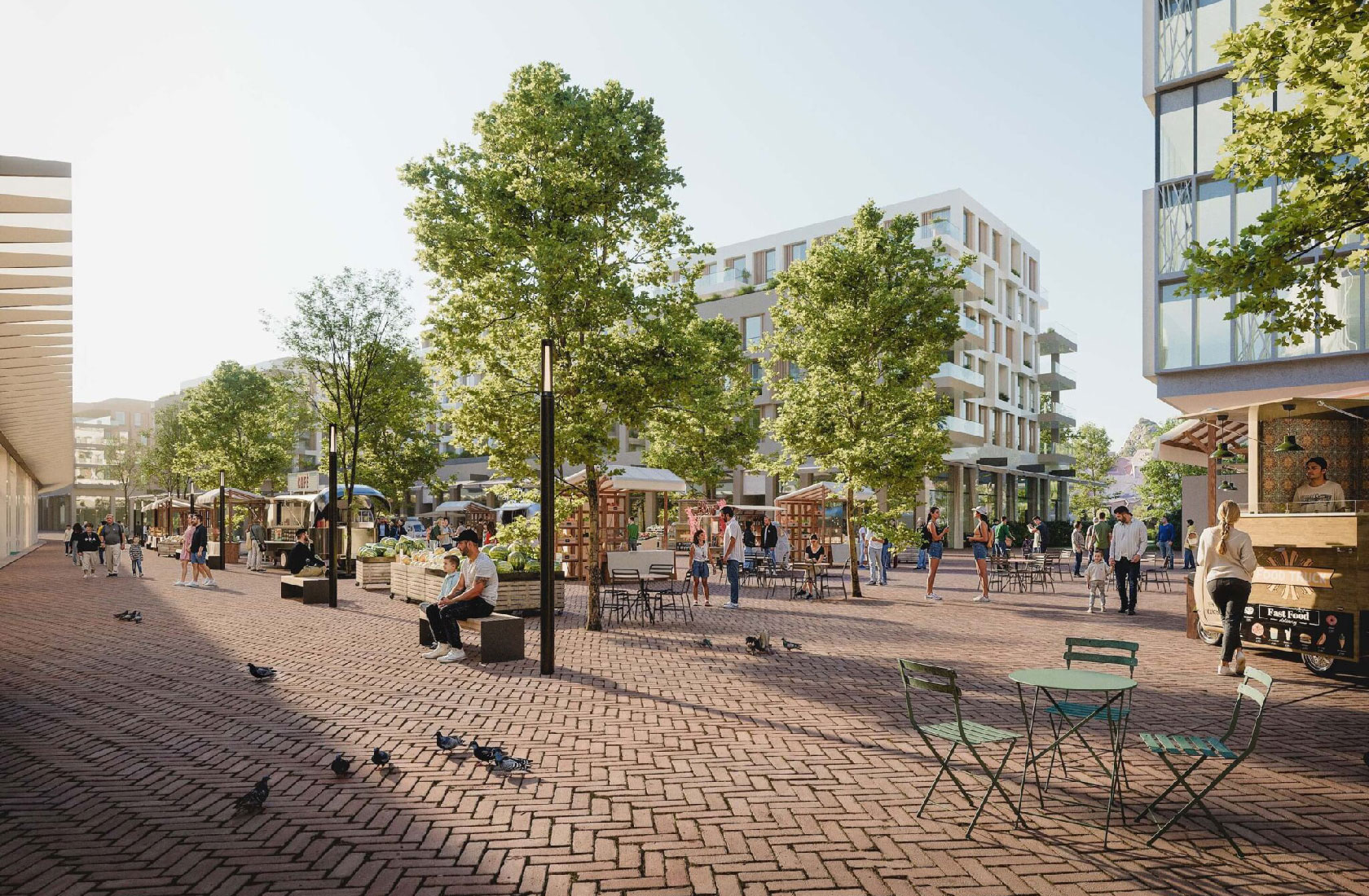 Sunny urban plaza with market stalls, outdoor seating, trees, and modern apartments