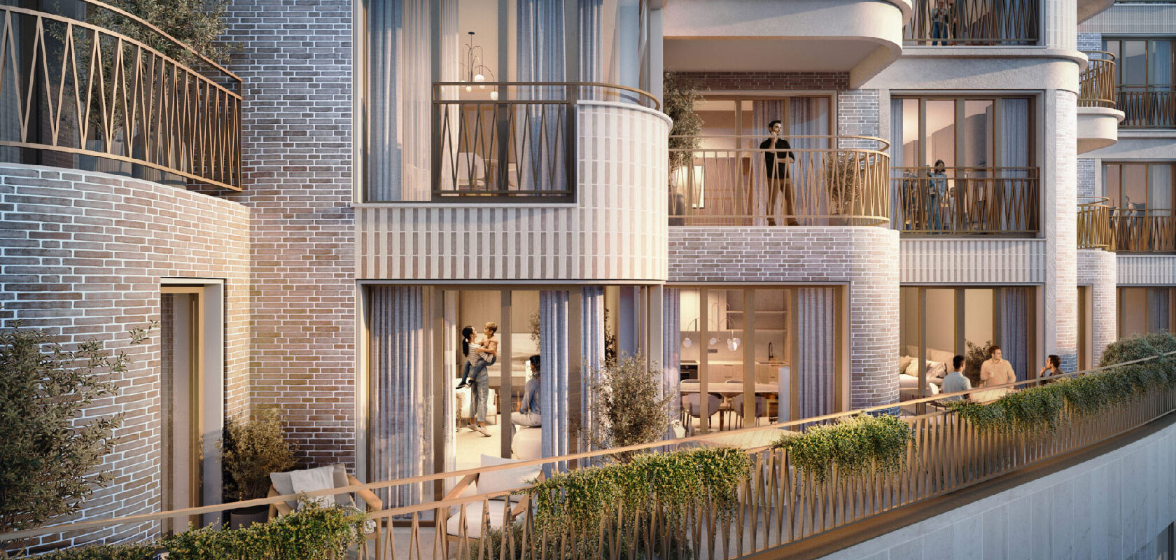 Modern apartment building with curved balconies and residents on terraces at dusk