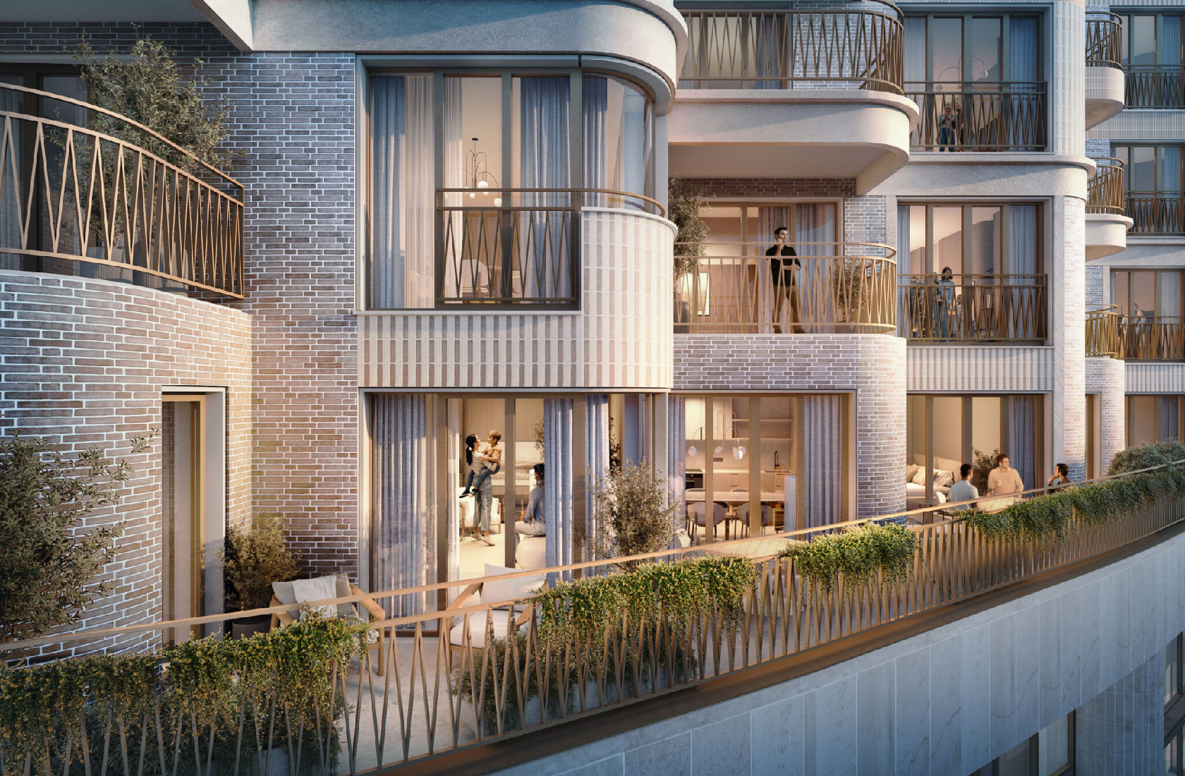 Modern apartment building with curved balconies and residents on terraces at dusk