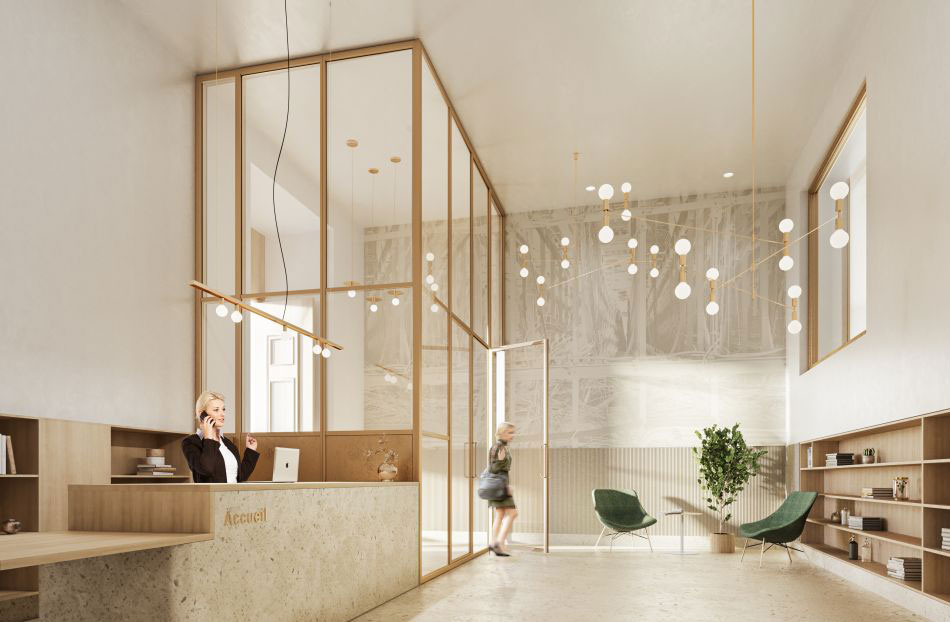 Modern office reception lobby with marble desk, glass walls, and hanging pendant lights