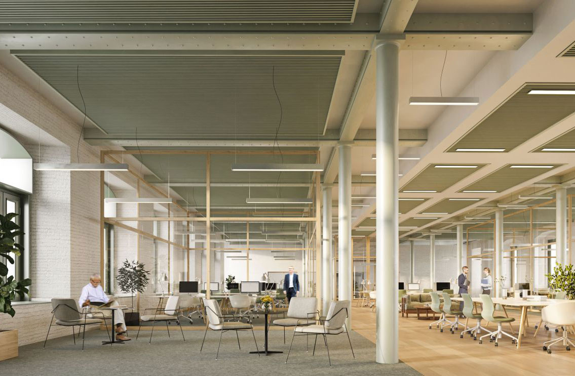 Modern open-plan office interior with desks, glass partitions, and coworkers working