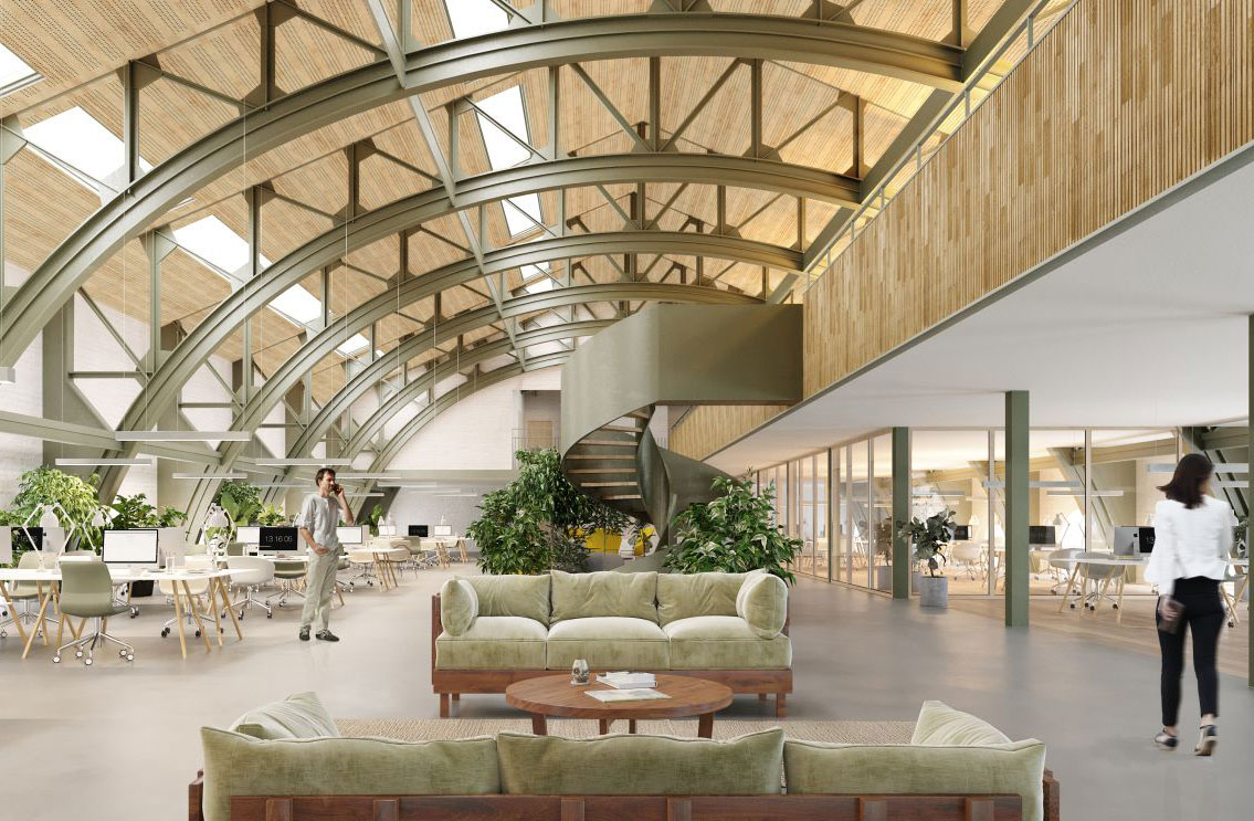 Modern open-plan office with arched skylight ceiling, lounge seating and spiral staircase