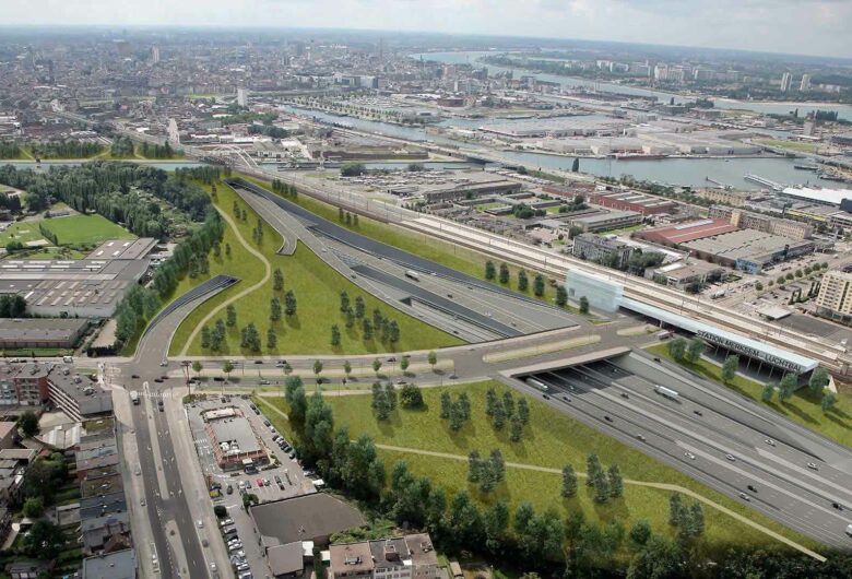 Luchtfoto van verkeer Oosterweel Antwerpen in België
