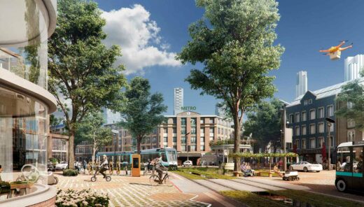 Tekening van straatbeeld met verschillende vervoersmiddelen, waaronder fietsen, drones en auto's