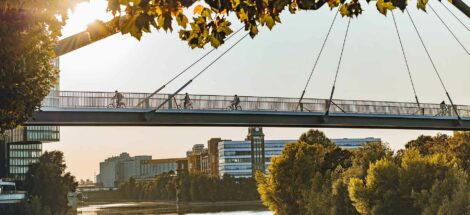 Brug met fietsers in gebied met water, gebouwen en veel groen in Düsseldorf, Duitsland
